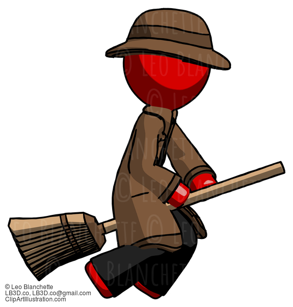 Red Detective Man Flying On Broom #2315