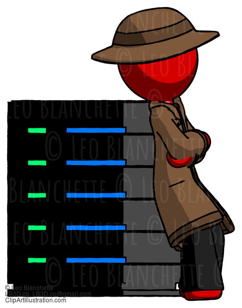 Red Detective Man Resting Against Server Rack Viewed At Angle #2327