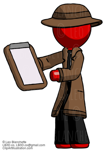 Red Detective Man Reviewing Stuff On Clipboard #2328