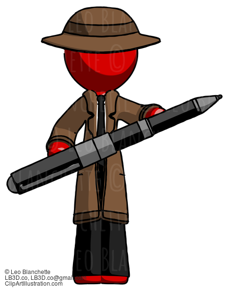 Red Detective Man Posing Confidently With Giant Pen #2329