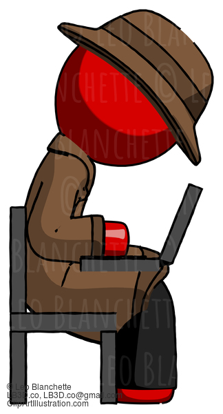 Red Detective Man Using Laptop Computer While Sitting In Chair View From Side #2344