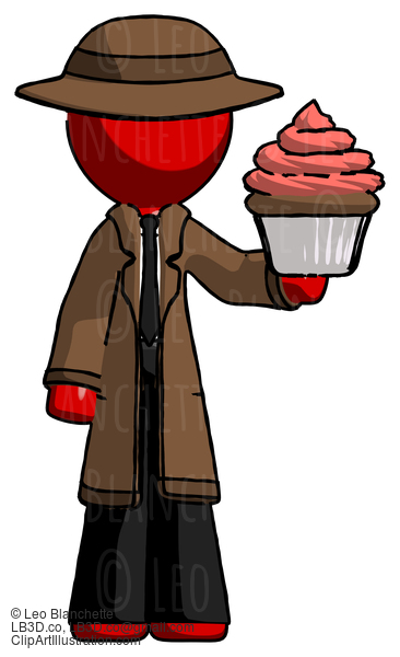 Red Detective Man Presenting Pink Cupcake To Viewer #2347