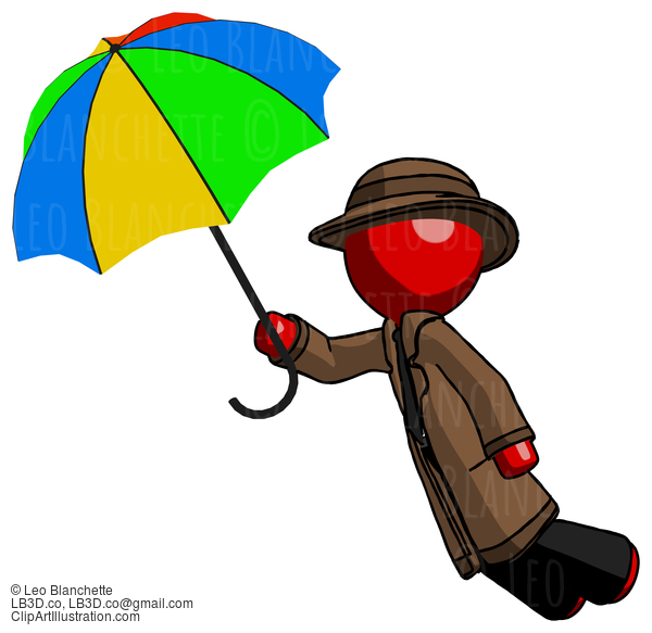 Red Detective Man Flying With Rainbow Colored Umbrella #2357