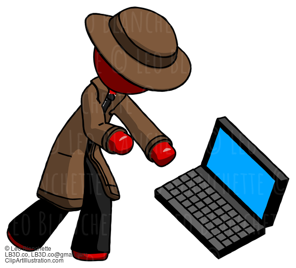 Red Detective Man Throwing Laptop Computer In Frustration #2370