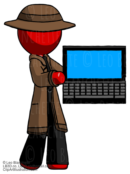 Red Detective Man Holding Laptop Computer Presenting Something On Screen #2376