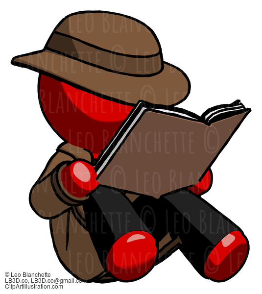 Red Detective Man Reading Book While Sitting Down #2383