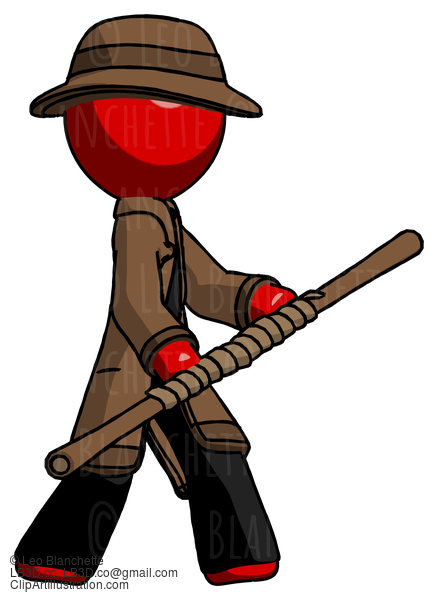 Red Detective Man Holding Bo Staff In Sideways Defense Pose #2391