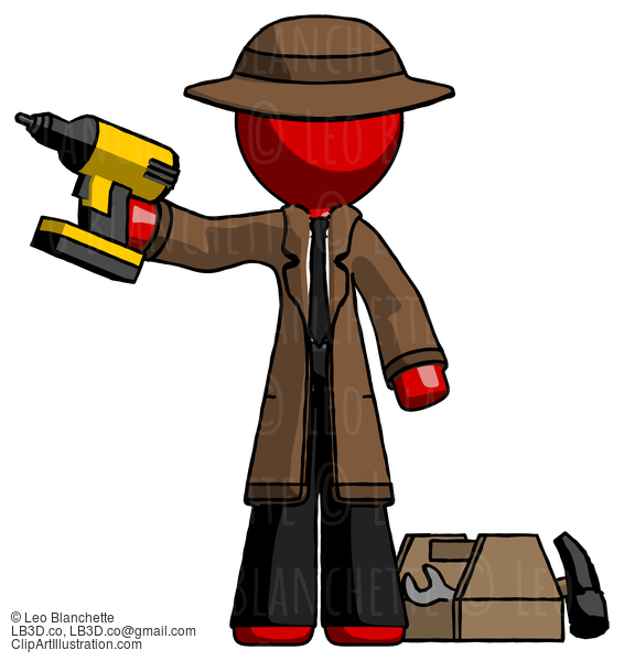 Red Detective Man Holding Drill Ready To Work, Toolchest And Tools To Right #2397