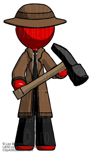 Red Detective Man Holding Hammer Ready To Work #2405