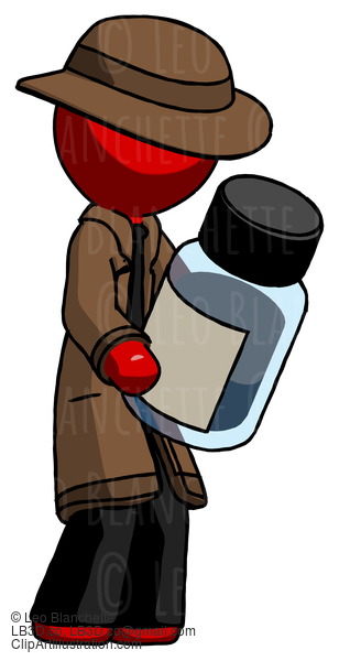 Red Detective Man Holding Glass Medicine Bottle #2409