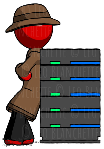 Red Detective Man Resting Against Server Rack #2412