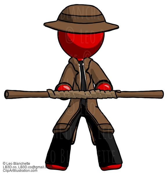 Red Detective Man Bo Staff Kung Fu Defense Pose #2415