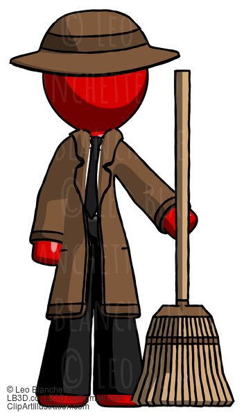 Red Detective Man Standing With Broom Cleaning Services #2417