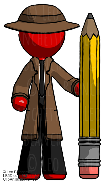 Red Detective Man With Large Pencil Standing Ready To Write #2420