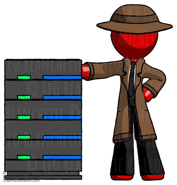 Red Detective Man With Server Rack Leaning Confidently Against It #2424