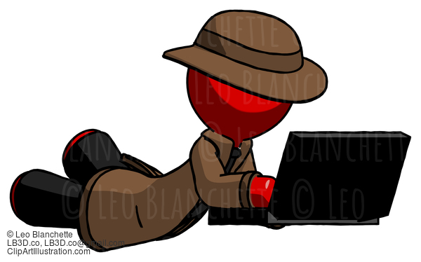 Red Detective Man Using Laptop Computer While Lying On Floor Side Angled View #2425