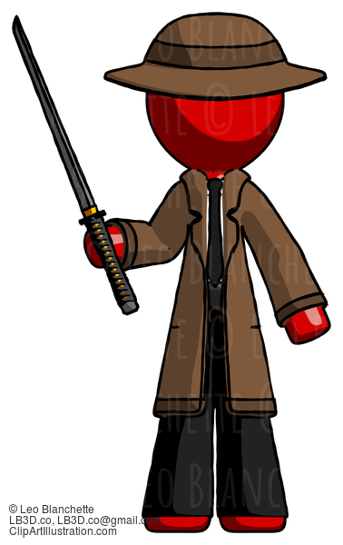 Red Detective Man Standing Up With Ninja Sword Katana #2426