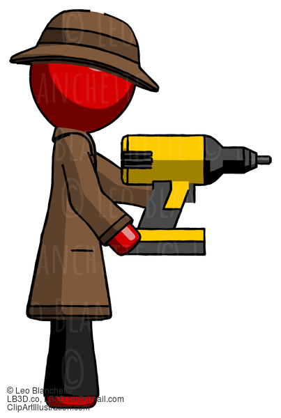 Red Detective Man Using Drill Drilling Something On Right Side #2430