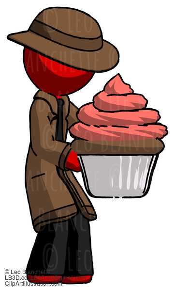 Red Detective Man Holding Large Cupcake Ready To Eat Or Serve #2431