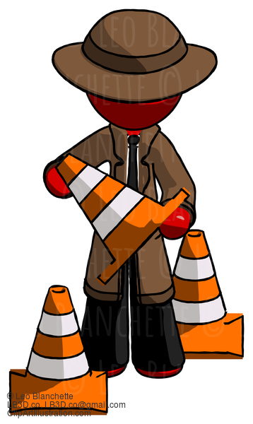 Red Detective Man Holding A Traffic Cone #2432