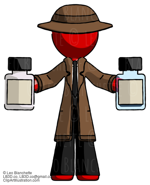 Red Detective Man Holding Two Medicine Bottles #2438