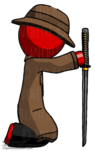 Red Detective Man Kneeling With Ninja Sword Katana Showing Respect #2455