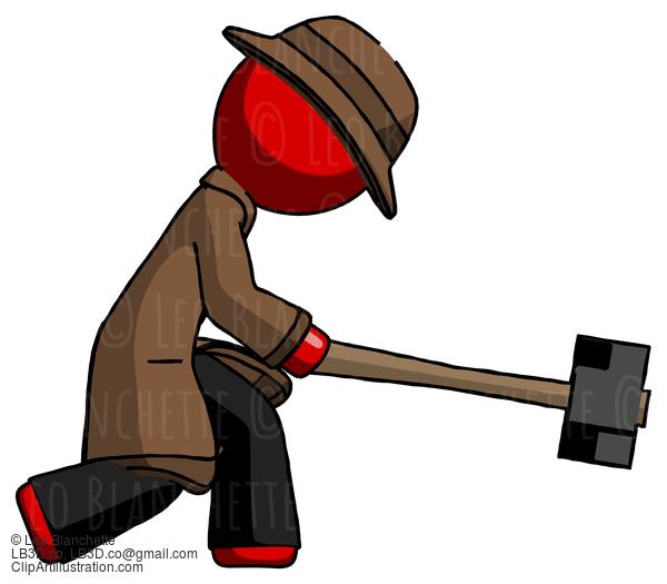 Red Detective Man Hitting With Sledgehammer, Or Smashing Something #2458