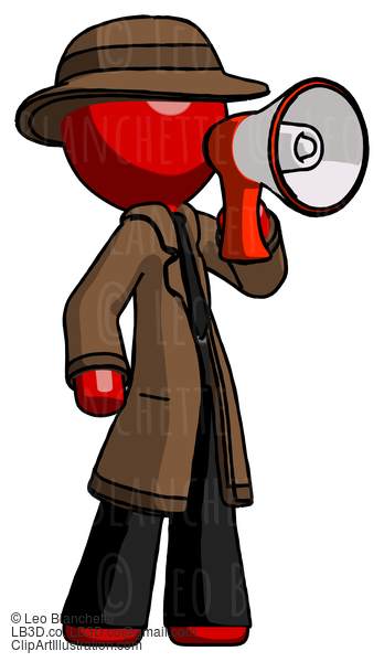 Red Detective Man Shouting Into Megaphone Bullhorn Facing Right #2473