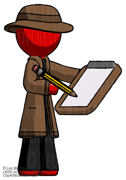 Red Detective Man Using Clipboard And Pencil #2483