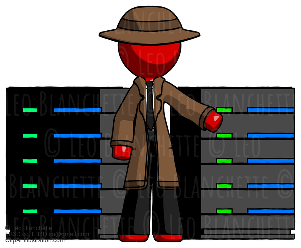 Red Detective Man With Server Racks, In Front Of Two Networked Systems #2484