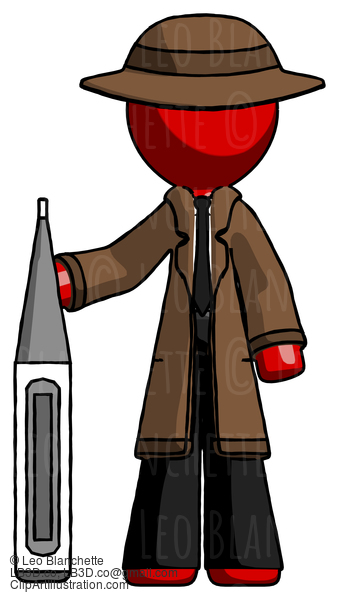 Red Detective Man Standing With Large Thermometer #2485