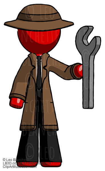 Red Detective Man Holding Wrench Ready To Repair Or Work #2487