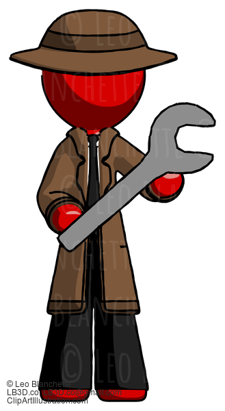 Red Detective Man Holding Large Wrench With Both Hands #2488