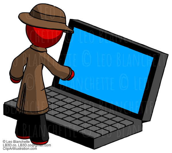 Red Detective Man Using Large Laptop Computer #2492