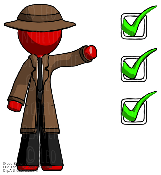 Red Detective Man Standing By List Of Checkmarks #2494