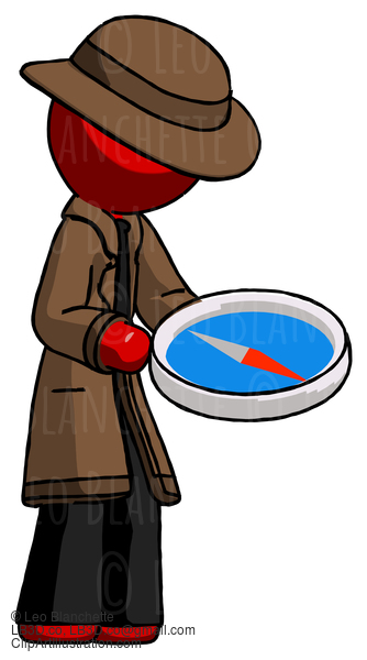 Red Detective Man Looking At Large Compass Facing Right #2496