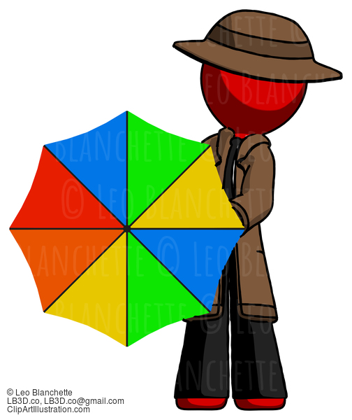 Red Detective Man Holding Rainbow Umbrella Out To Viewer #2497