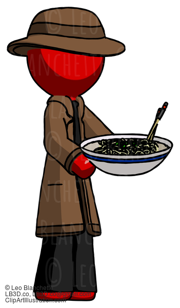 Red Detective Man Holding Noodles Offering To Viewer #2499