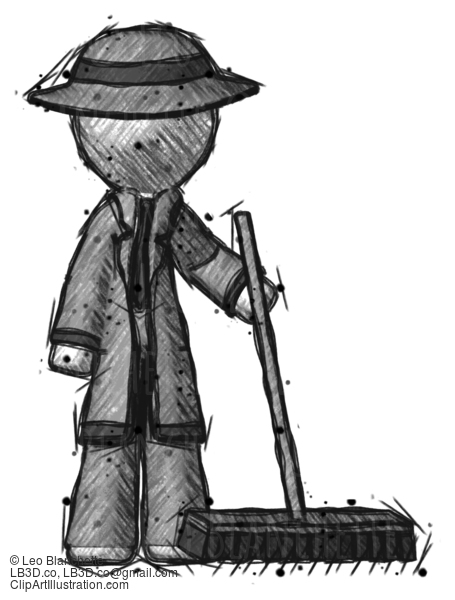 Sketch Detective Man Standing With Industrial Broom #3420