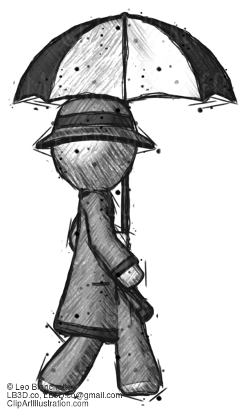 Sketch Detective Man Woman Walking With Umbrella #3428