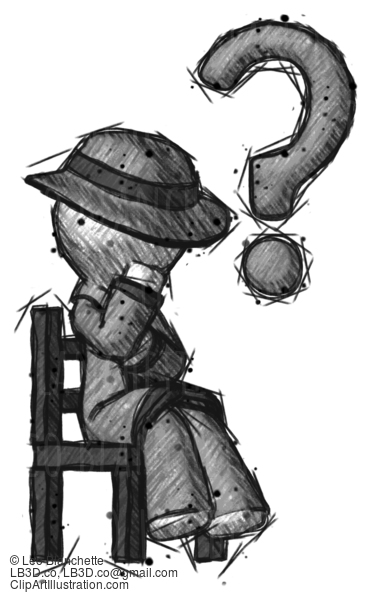 Sketch Detective Man Question Mark Concept, Sitting On Chair Thinking #3429