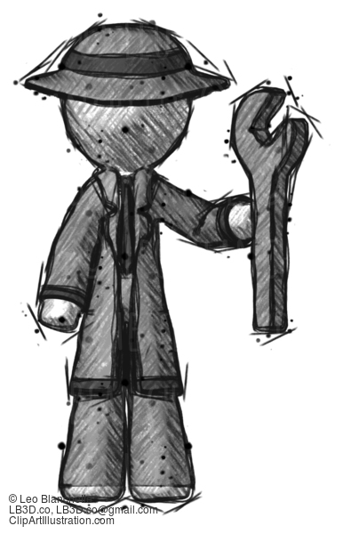 Sketch Detective Man Holding Wrench Ready To Repair Or Work #3437