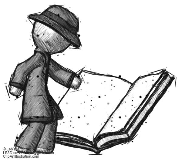 Sketch Detective Man Reading Big Book While Standing Beside It #3438