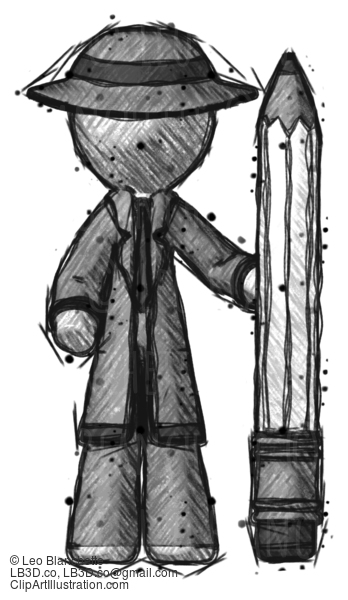 Sketch Detective Man With Large Pencil Standing Ready To Write #3441