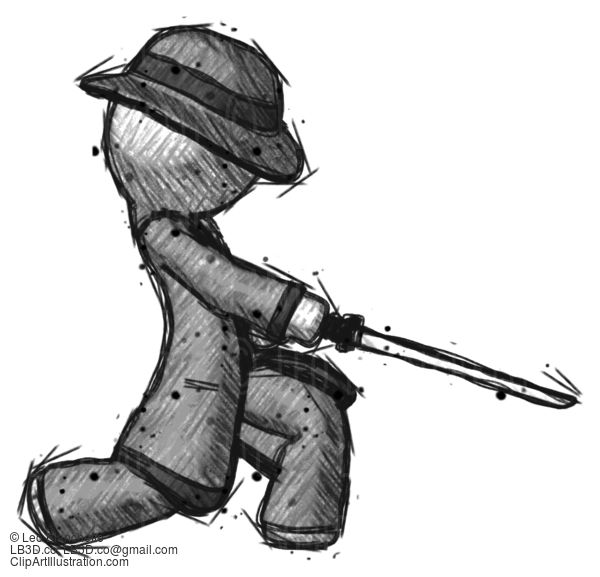 Sketch Detective Man With Ninja Sword Katana Slicing Or Striking Something #3461