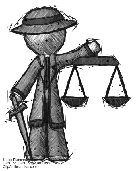 Sketch Detective Man Justice Concept With Scales And Sword, Justicia Derived #3462