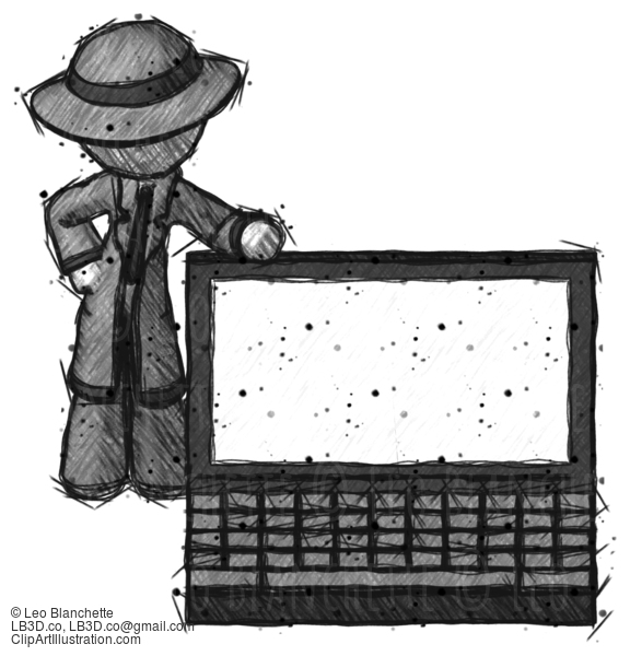 Sketch Detective Man Beside Large Laptop Computer, Leaning Against It #3473