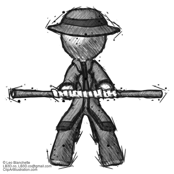 Sketch Detective Man Bo Staff Kung Fu Defense Pose #3480