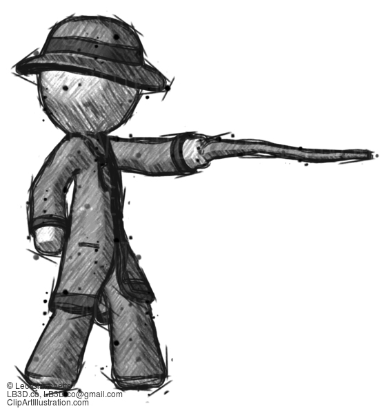 Sketch Detective Man Pointing With Hiking Stick #3492