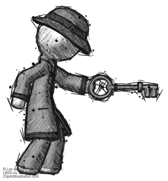 Sketch Detective Man With Big Key Of Gold Opening Something #3493